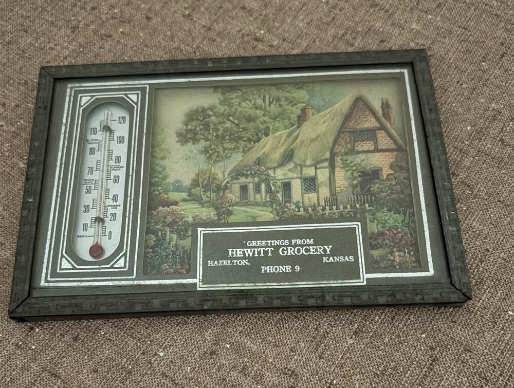 Vintage Advertising Thermometer Hewitt Grocery Hazelton Kansas Barber Co 6x4”
